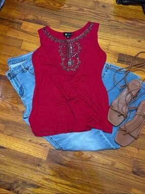 Red Tank with Antiqued Brass Sequins Detail